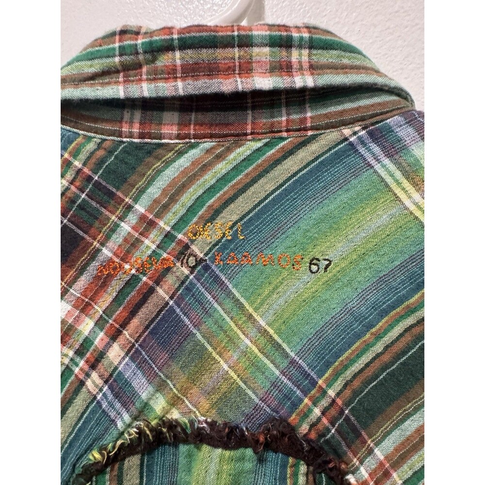 Diesel Green Plaid Western Snap Shirt size M men cowboy cotton fringe seams vtg - Picture 7 of 9
